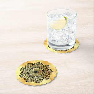 Dessous-de-verre En Papier Dessous de verre Black Mandala sur fond or doux