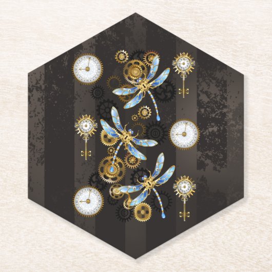 Dessous-de-verre En Papier Dragonflies de Steampunk sur arrière - plan rayé b (Devant)