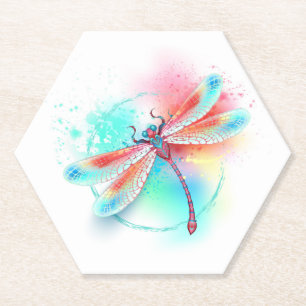 Dessous-de-verre En Papier Dragonfly rouge sur l'arrière - plan aquarelle