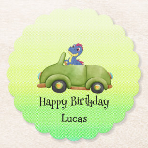 Dessous-de-verre En Papier Drôle dinosaure antique voiture d'anniversaire Éco