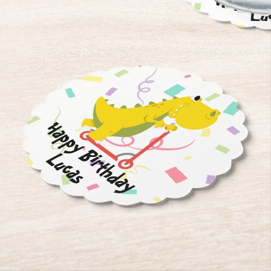 Dessous-de-verre En Papier Drôle dinosaure Scooter jouet anniversaire garçon (Incliné)