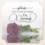 Dessous-de-verre En Papier Dusty Pink Mauve Rose ne prenez pas mon Mariage de<br><div class="desc">Ce dessous de verre mariage est élégant, élégant et amusant ! Il comprend une photo d'un seul rose à long tige poussiéreux ou d'un rose rose mauve allongé sur son côté, miroir dans un bassin d'eau. Le texte dit : "S'il vous plaît ne prenez pas mon verre, je danse" écrit...</div>