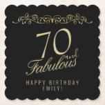 Dessous-de-verre En Papier Elégant Black 70 et Fabulous 70th Birthday Party<br><div class="desc">Elégant Black 70 et Fabulous 70th Birthday Party Paper Dessous de verre. 70 et texte fabuleux en écriture dorée tendance. Personnalisez-le avec votre nom et votre âge,  et faites vos propres dessous de verre de fête d'anniversaire élégants pour la célébration d'anniversaire d'une femme.</div>