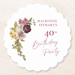 Dessous-de-verre En Papier Élégant Bourgogne rose floral 40e anniversaire