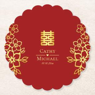 Dessous-de-verre En Papier Élégant double bonheur floral chinois pour mariage
