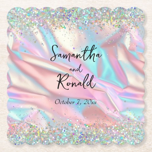 Dessous-de-verre En Papier Elégant Faux Iridescente Foil et Mariage de Partie (Devant)