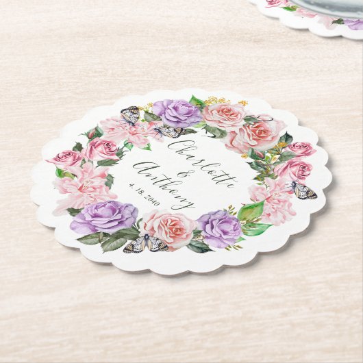 Dessous-de-verre En Papier Élégant papillon floral mariage de printemps (Incliné)