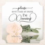 Dessous-de-verre En Papier Elégant Rose de pêche ne prenez pas mon Mariage de<br><div class="desc">Ce dessous de verre mariage est élégant, élégant et amusant ! Il comprend une photo d'un seul rose de couleur pêche légère à long tige, allongé sur son côté, miroir dans un bassin d'eau. Le texte dit : "S'il vous plaît ne prenez pas mon verre, je danse" écrit dans des...</div>