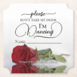 Dessous-de-verre En Papier Élégant Rose rouge ne prenez pas mon nom de boisso<br><div class="desc">Ce dessous de verre mariage est élégant, élégant et amusant ! Il présente une photo d'une seule rose rouge à long tige posée sur son côté, reflétée dans un bassin d'eau. Le texte dit : "S'il vous plaît ne prenez pas mon verre, je danse" écrit dans des lettres modernes. Il...</div>