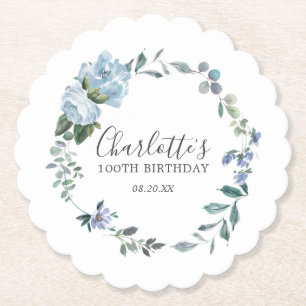 Dessous-de-verre En Papier Elégante Dusty Blue Floral 100e Anniversaire Perso