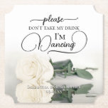 Dessous-de-verre En Papier Élégante Rose blanche ne prenez pas mon Mariage de<br><div class="desc">Ce dessous de verre mariage est élégant, élégant et amusant ! Il présente une photo d'un seul rose couleur ivoire, blanc ou crème sur son côté, miroir dans un bassin d'eau. Le texte dit : "S'il vous plaît ne prenez pas mon verre, je danse" écrit dans des lettres modernes. Il...</div>