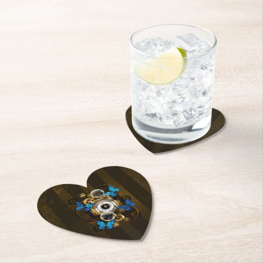 Dessous-de-verre En Papier Engrenages à vapeur et papillons bleus (En situation)