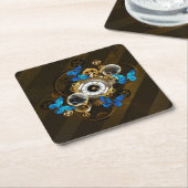 Dessous-de-verre En Papier Engrenages à vapeur et papillons bleus (Incliné)