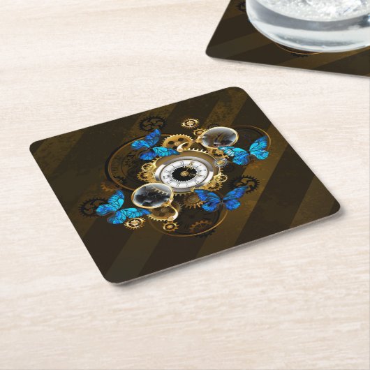 Dessous-de-verre En Papier Engrenages à vapeur et papillons bleus (Incliné)