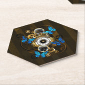 Dessous-de-verre En Papier Engrenages à vapeur et papillons bleus (Incliné)