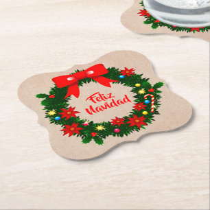 Dessous-de-verre En Papier Ensemble de Feliz Navidad Merry Christmas Wreath B