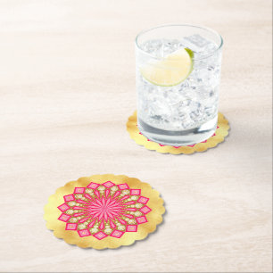 Dessous-de-verre En Papier Fantaisie de mandala en or rose sur fond d'or doux
