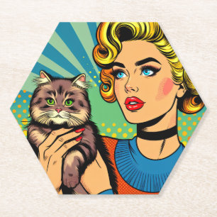 Dessous-de-verre En Papier Femme de l'art pop cartoonistique tenant un chat