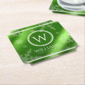 Dessous-de-verre En Papier Festif Green Foil Snowflakes Nom du monogramme (Incliné)