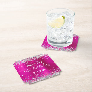 Dessous-de-verre En Papier Fête 21 ans paillettes argent rose chaud