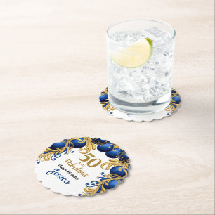 Dessous-de-verre En Papier Fête d'anniversaire bleu vif et or plat