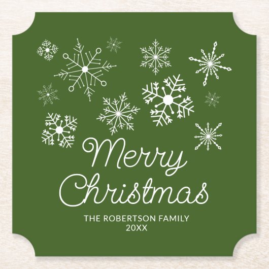 Dessous-de-verre En Papier Fête de Noël Green White Snowflakes (Devant)