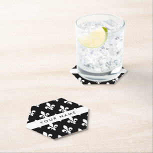 Dessous-de-verre En Papier Fleur de Lis, Blanc sur Noir, Blanc, Votre Nom