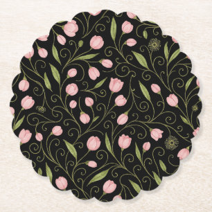 Dessous-de-verre En Papier Fleur mignonne, rose sur noir avec motif répétitif