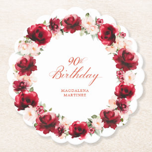 Dessous-de-verre En Papier Fleur rose rouge 90e fête d'anniversaire personnal