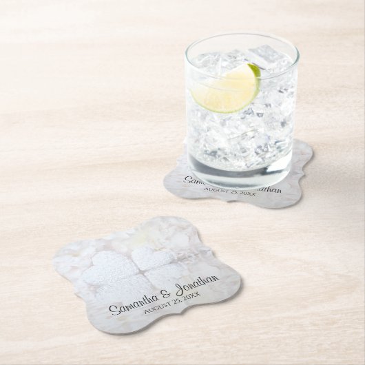 Dessous-de-verre En Papier Fleurs blanches & Coeurs Réflexions Mariage (En situation)