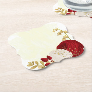 Dessous-de-verre En Papier Fleurs blanches et rouges romantiques or mariage