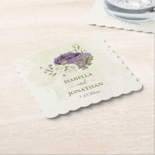 Dessous-de-verre En Papier fleurs blanches mauves verdure mariage
