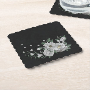 Dessous-de-verre En Papier fleurs blanches romantiques et feuilles vertes noi
