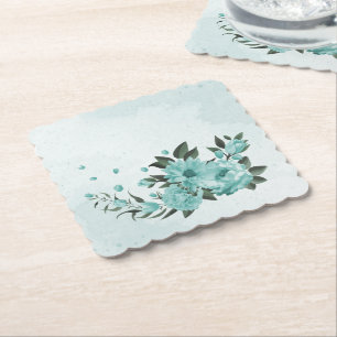 Dessous-de-verre En Papier fleurs bleues romantiques & feuilles vertes