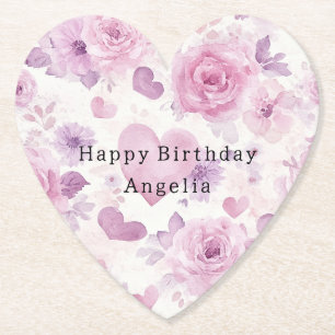 Dessous-de-verre En Papier Fleurs de coeurs violets roses Anniversaire