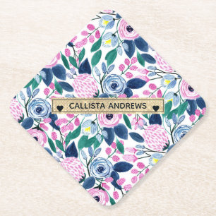 Dessous-de-verre En Papier Fleurs de marine rose douce Aquarelle or Monogramm