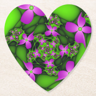 Dessous-de-verre En Papier Fleurs fractales Abstraites de néon rose vert