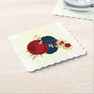 Dessous-de-verre En Papier Fleurs romantiques rouge foncé et bleu marine or m
