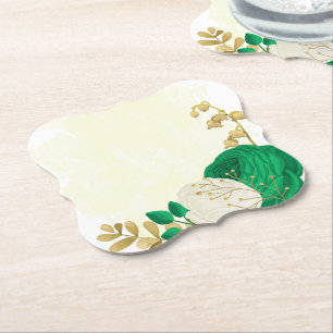 Dessous-de-verre En Papier Fleurs romantiques vert émeraude et blanc or