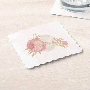 Dessous-de-verre En Papier Fleurs roses et blanches romantiques dorées