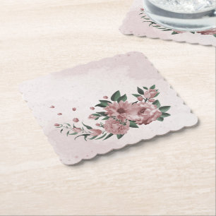 Dessous-de-verre En Papier fleurs roses romantiques et feuilles vertes