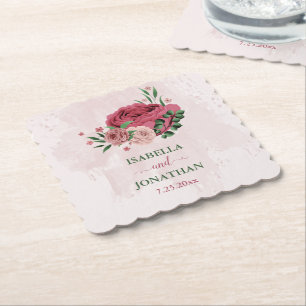 Dessous-de-verre En Papier fleurs roses vert feuille mariage