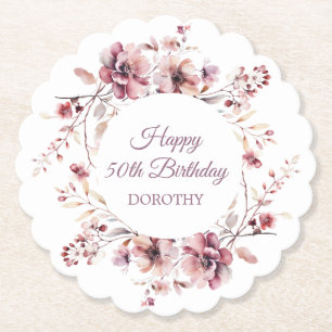 Dessous-de-verre En Papier Floral rose Bourgogne personnalisé 50e anniversair