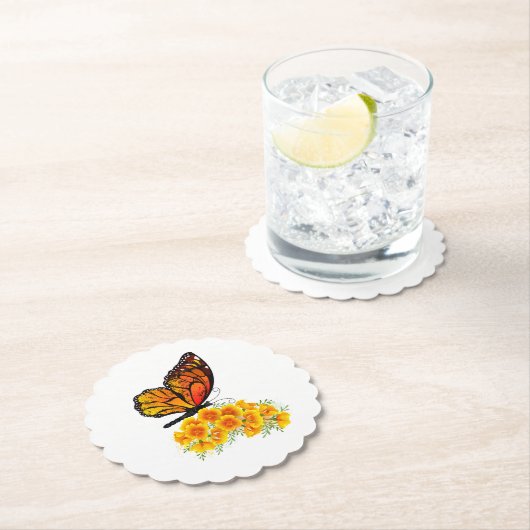 Dessous-de-verre En Papier Flower Butterfly with Yellow California Poppy (En situation)