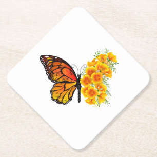 Dessous-de-verre En Papier Flower Butterfly with Yellow California Poppy