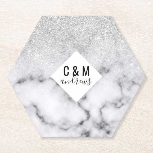 Dessous-de-verre En Papier Glamorous Silver White Glitter Marble Gradient (Devant)