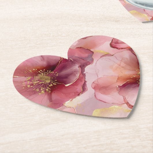 Dessous-de-verre En Papier Gold Blush Rose Bourgogne Floral Mariage (Incliné)