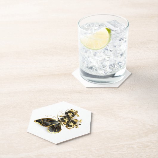 Dessous-de-verre En Papier Gold flower Butterfly with Black Orchid (En situation)