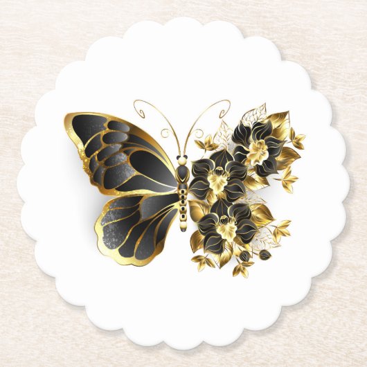 Dessous-de-verre En Papier Gold flower Butterfly with Black Orchid (Devant)