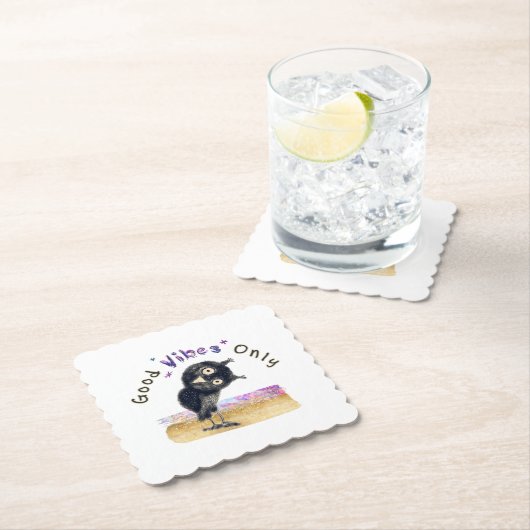 Dessous-de-verre En Papier Good Vibes seulement avec Chouette curieuse (En situation)